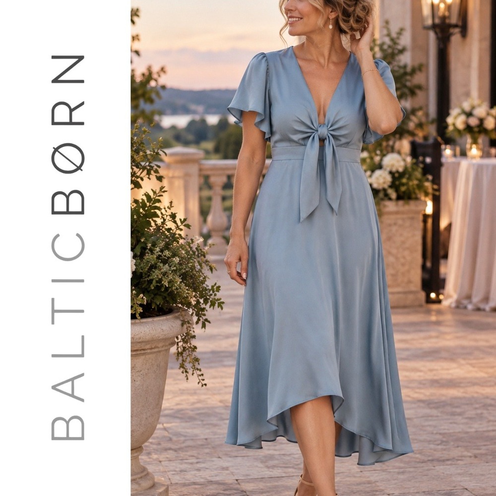 Baltic Born, Blue Satin Tie Front Smocked Back Midi Flutter Sleeve Dress XXL